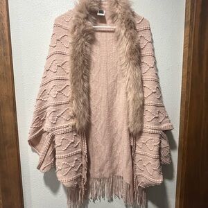 SHEIN Blush Knit Poncho with Faux Fur Trim